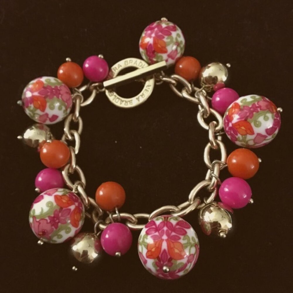 Vera Bradley Bracelet w/ Lilli Bell Pattern Beads & Gold, Pink & Orange Spacers